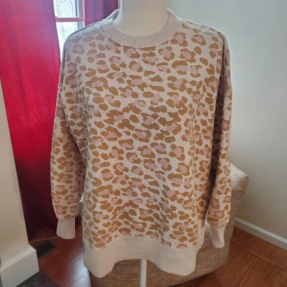 Aerie Tan And Pink Animal Print oversize sweater Size Small - Picture 1 of 12
